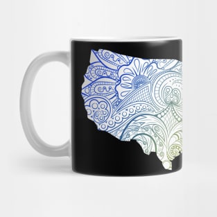 Colorful mandala art map of the United States of America in blue and yellow on white background Mug